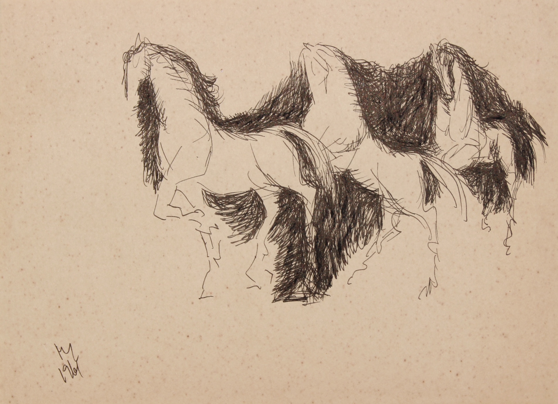 NIKHIL BISWAS HORSES PEN & INK 6 IN X 10 IN 1961